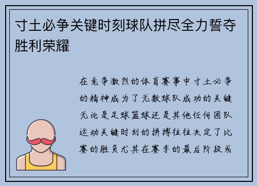 寸土必争关键时刻球队拼尽全力誓夺胜利荣耀