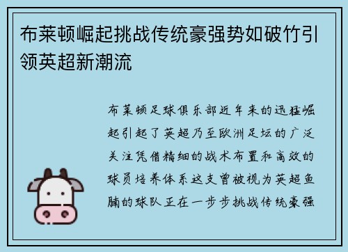 布莱顿崛起挑战传统豪强势如破竹引领英超新潮流