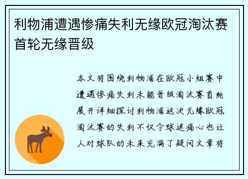 利物浦遭遇惨痛失利无缘欧冠淘汰赛首轮无缘晋级
